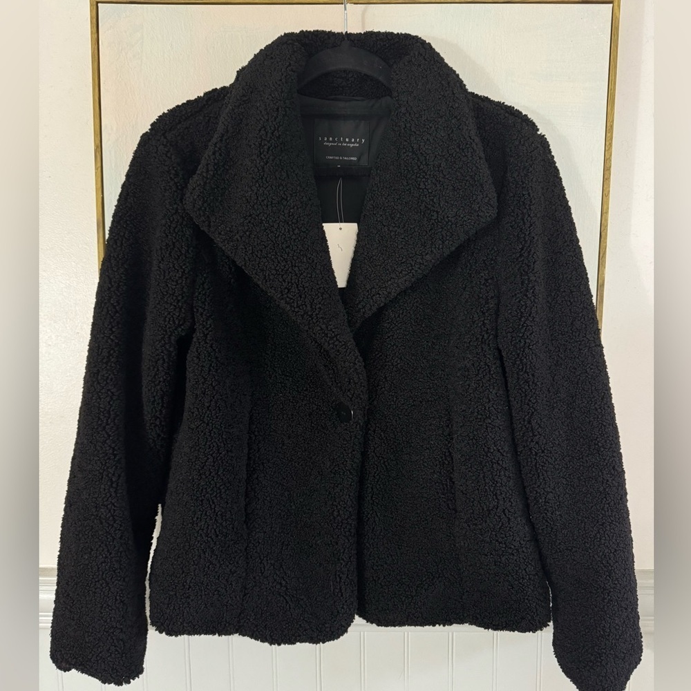 SANCTUARY NWT Black Fuzzy Teddy Bear Button Front Jacket Size Medium - Picture 2 of 7